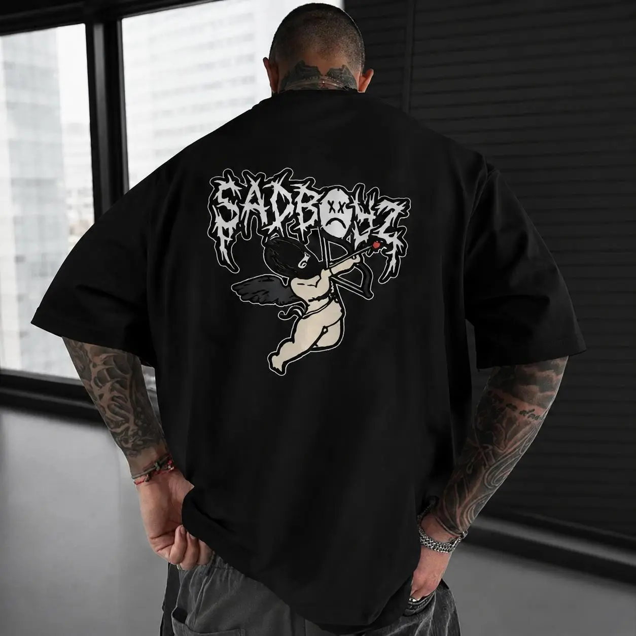 Unisex Oversized Sadboyz Cupid Graphic Natural Cotton Sports Top, Vintage Short-Sleeve Round Neck Drop Shoulder Relaxed Fit S Size All Over Print, Summer Biker Streetwear Sporty Chic Beach Cover-Up (Leggings Denim Swimsuit Vibe Compatible)