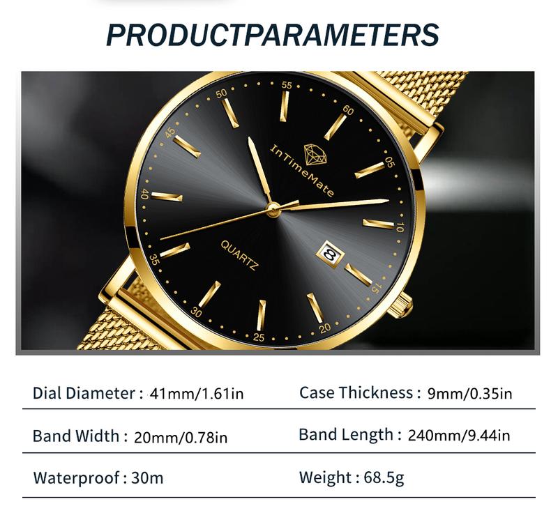 INTIMEMATE Ultra-thin Men's Watch; Stainless Steel Men's Watch; Casual Men's Watch; Business Formal Men's Watch; Lumcent Watch; Waterproof Men's Watch Black Dial