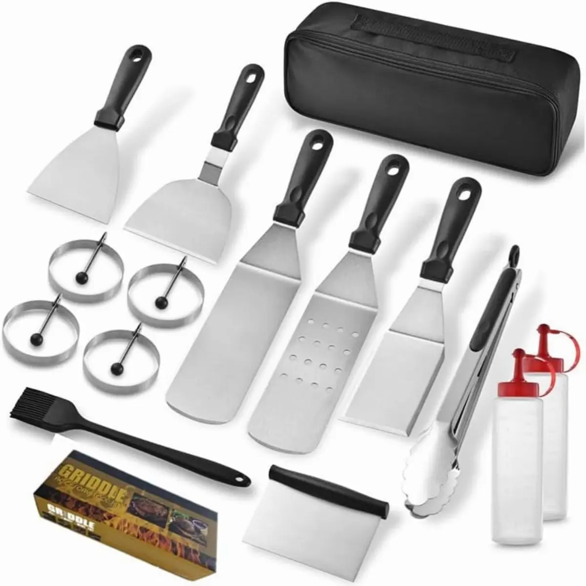 15 PCS Griddle Accessories Kit, Grill Spatula Set with Enlarged Spatulas, Scraper for Outdoor Barbecue & Camping Gathering