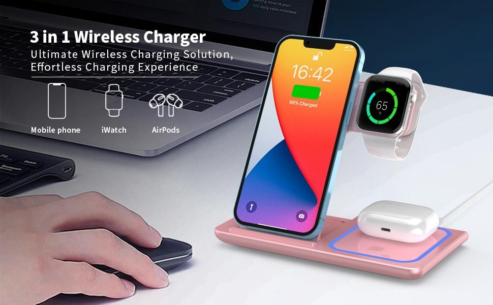 VEEROON 3-in-1 Wireless Charging Station - Multifunctional Fast Charging Magnetic Wireless Charger Stand with Type-C Port - Electronic Fast Charging Station for iPhone, Apple Watch & AirPods