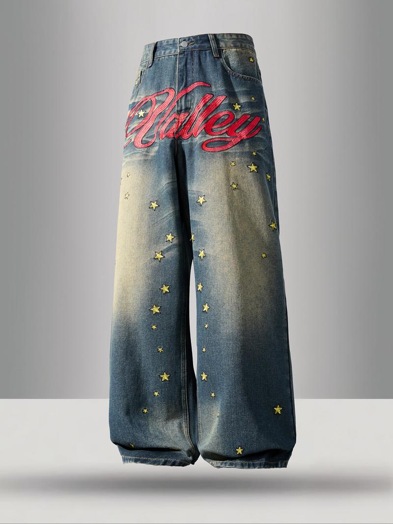 Men's American Vintage Washed Embroidered Jeans, Loose Straight Leg Pants, Trendy Embroidery Craft, Casual Versatile Gift Recommendation