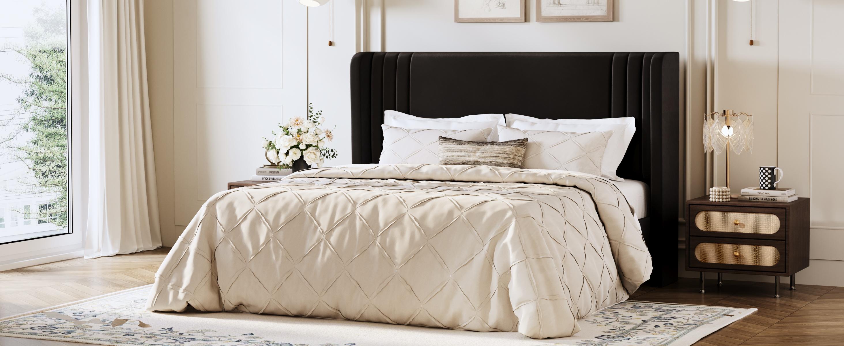 HOOMIC Upholstered Platform Bed Frame【Frame Only No Mattress】,Wingback Headboard with Vertical Stripes in Dutch Velvet,Full/Queen/King/Sizes,No Box Spring Needed,Pink/Black/White/Blue/Green/Gray