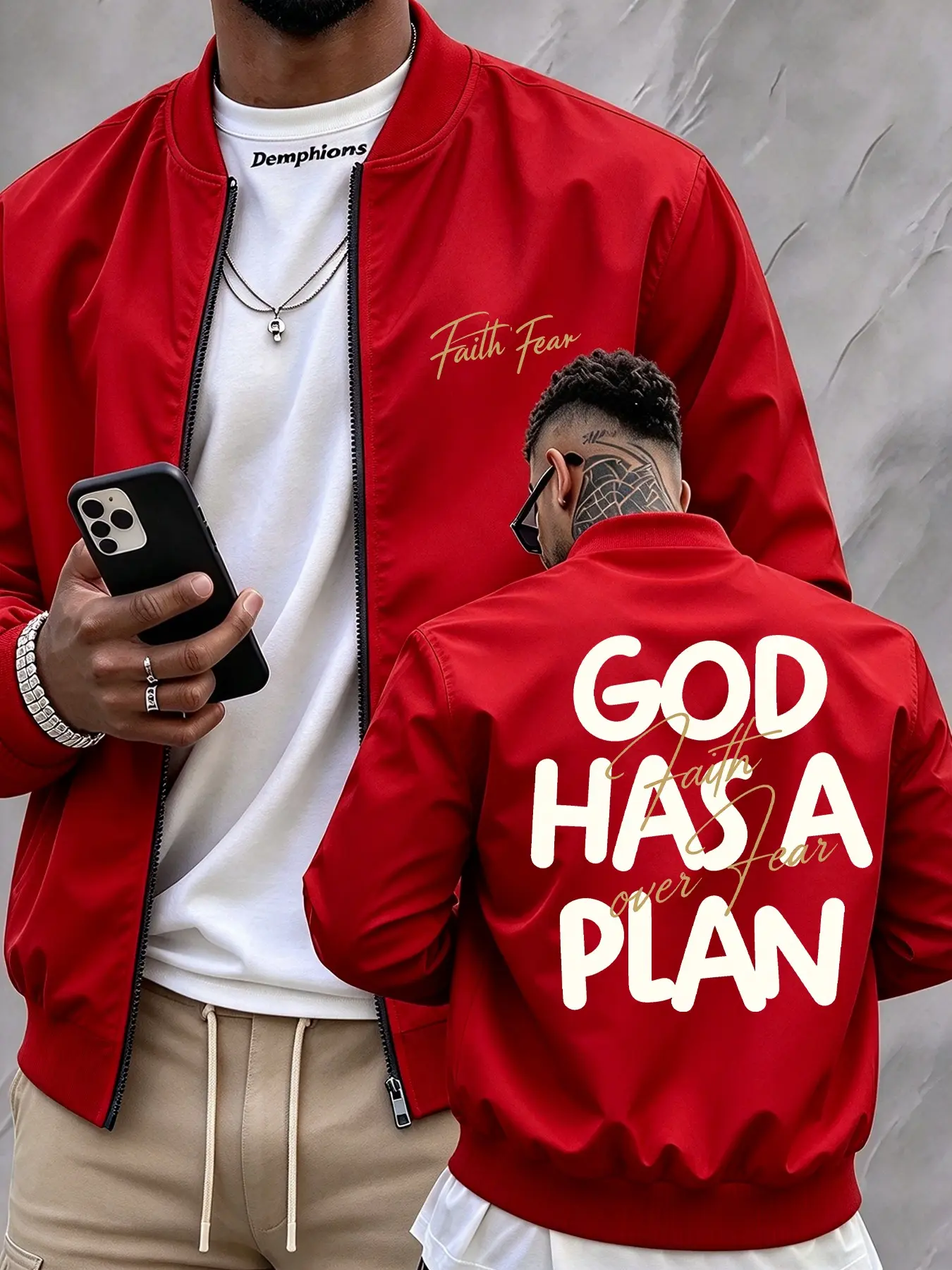 Men's God Has a Plan Letter Print Baseball Jacket, Dual Zip Pockets, Loose Ribbed Hem, Casual Long Sleeve, Fashionable H-Type Fit