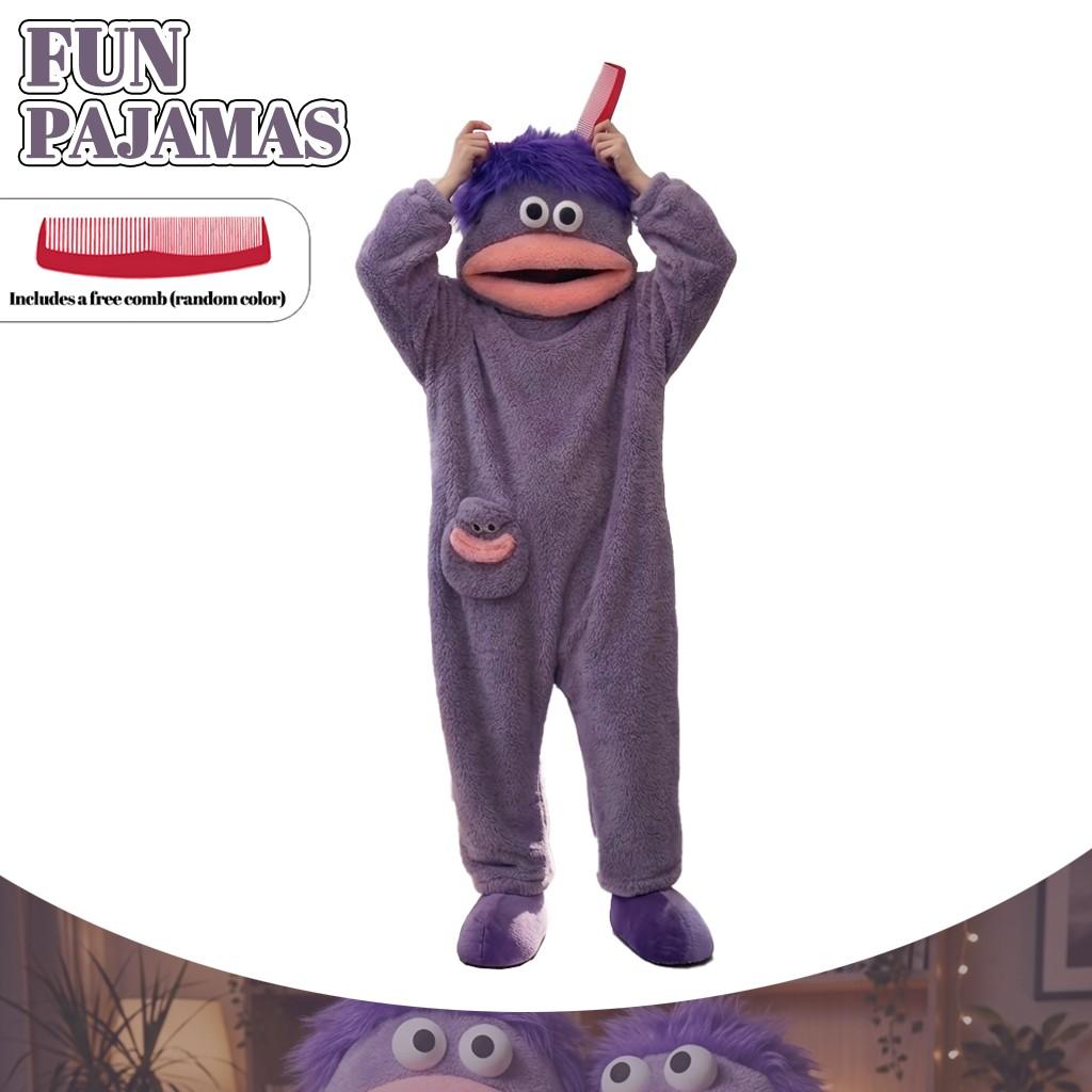Cute Onesie Set, Soft Flannel Pajama with Hat, Funny Big Mouth Monster Design, 3-Piece Set for Home & Party Fun