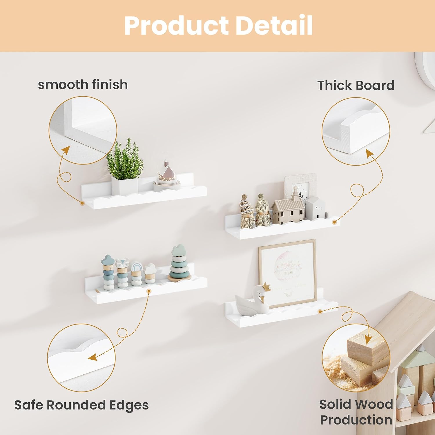 Picture Ledge Shelf for Wall, 16 inch Pine   Book Shelves Set of 4- Wall Book Shelves for  Room,  Decor - Kitchen -White