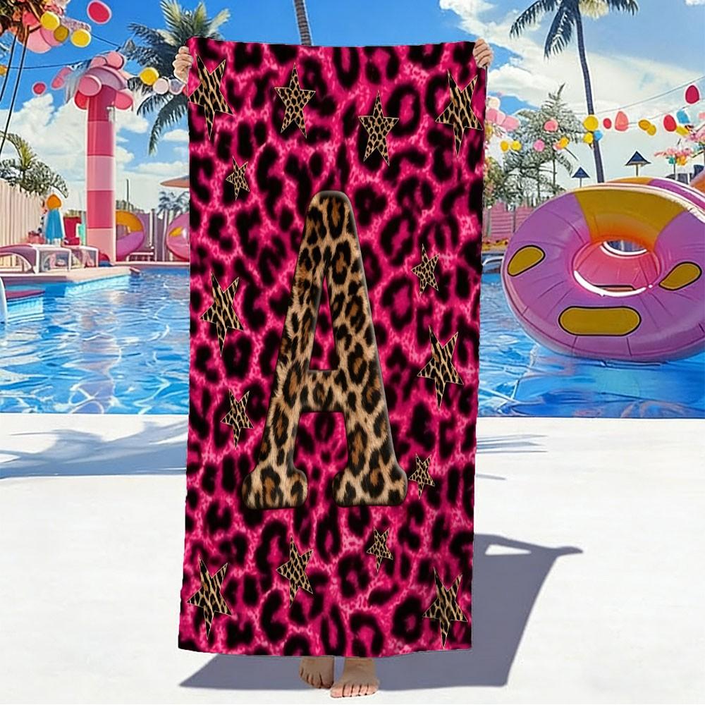 Pink Leopard Print Beach Towel Features A-Z Letter Prints. Made Of Microfiber, It'S Soft, Quick-Drying, and Suitable for Use On the Beach,In the Pool,While Traveling,Camping or At the Gym. It'S A Perfect Choice for Girls' Summer Outings or As A Gift.