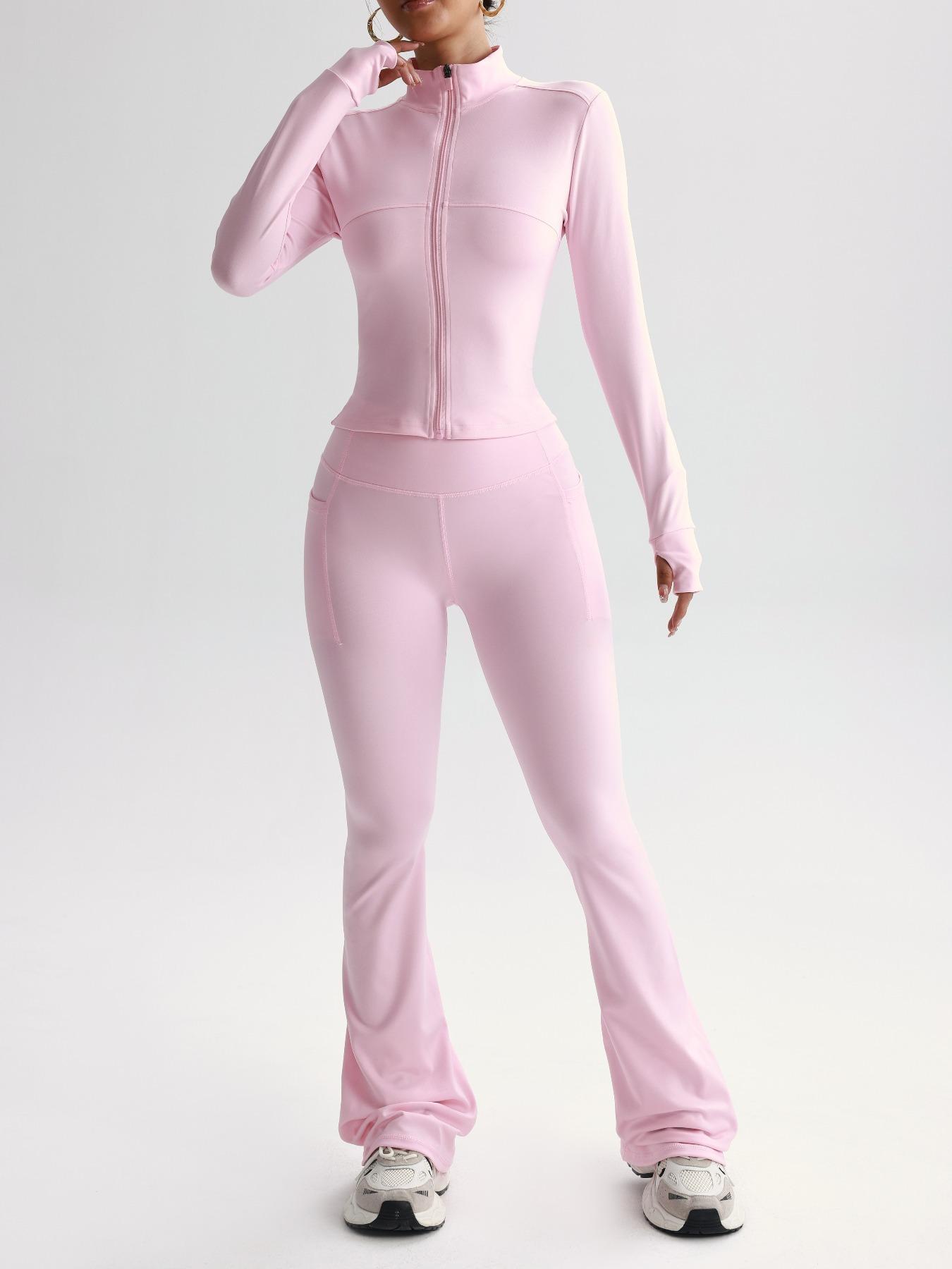 Women's Solid Color Zipper Jacket & Pocket Flare Pants Set, Athleisure Wear Set, Perfect for Yoga & Gym & Outdoor Use, Comfortable Breathable Outfit for Autumn Winter