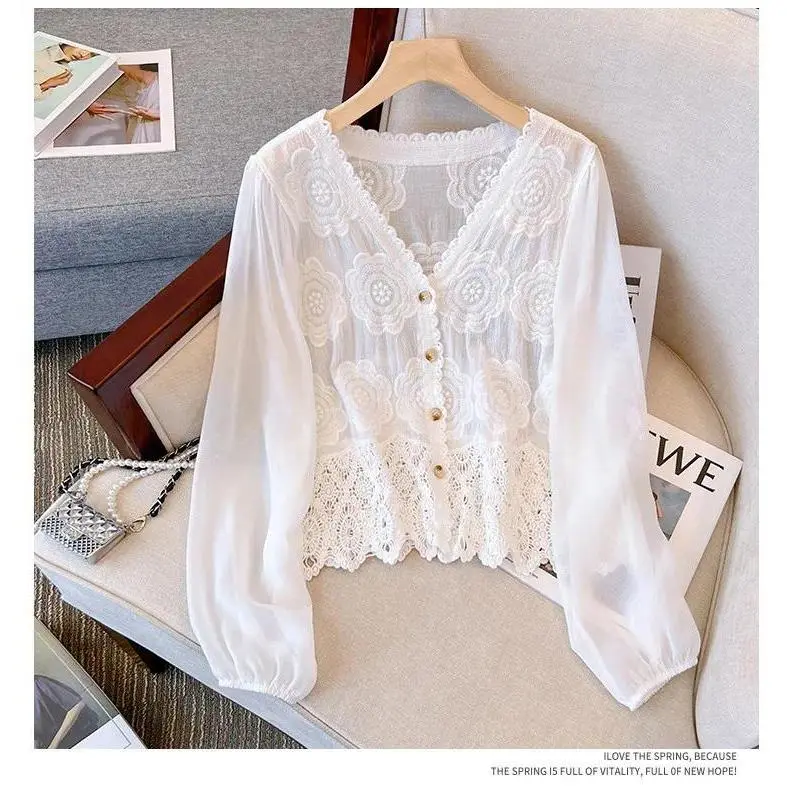Crochet Knitted Shirt Women Chiffon Long-Sleeve Button Front V-Neck Embroidered Floral Hollow-out Lace Blouse Summer Beach Boho