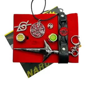 Naruto Anime Red Cloud Konoha Rebel Ninja Forehead Guard Shuriken and Kunai Set Metal Keychain Pendant Decoration Jewelry Holiday Birthday Gift for Friends and Family