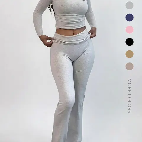 Women's Solid Long Sleeve Crop Tee & Flare Leg Skinny Pants Loungewear Set, Casual Round Neck Top & Bell Bottom Leggings, Sleepwear Set for Women