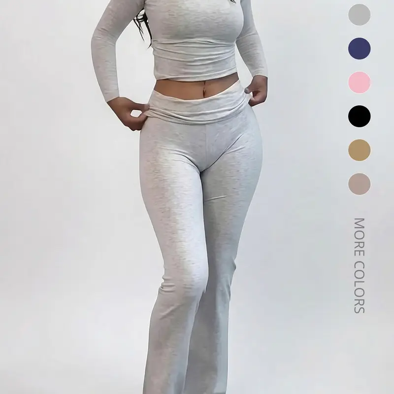 Women's Solid Long Sleeve Crop Tee & Flare Leg Skinny Pants Loungewear Set, Casual Round Neck Top & Bell Bottom Leggings, Sleepwear Set for Women