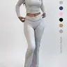 Women's Solid Long Sleeve Crop Tee & Flare Leg Skinny Pants Loungewear Set, Casual Round Neck Top & Bell Bottom Leggings, Sleepwear Set for Women
