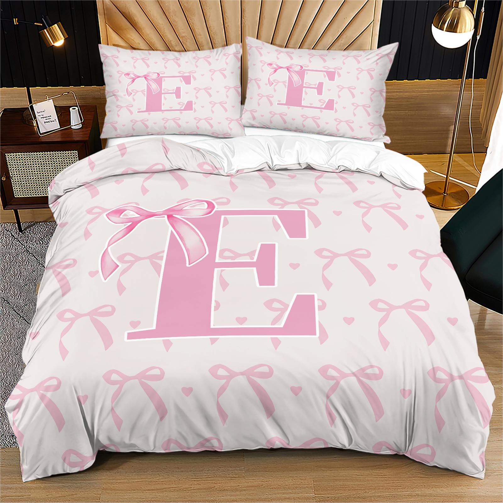 2/3 PCS Pink Romantic Ballet Bow Full Alphabet Initial Duvet Cover Set, Coquette Aesthetic Bedding with Zipper Closure for Easy Removal, Ideal Housewarming Birthday Christmas Gift, No Filling