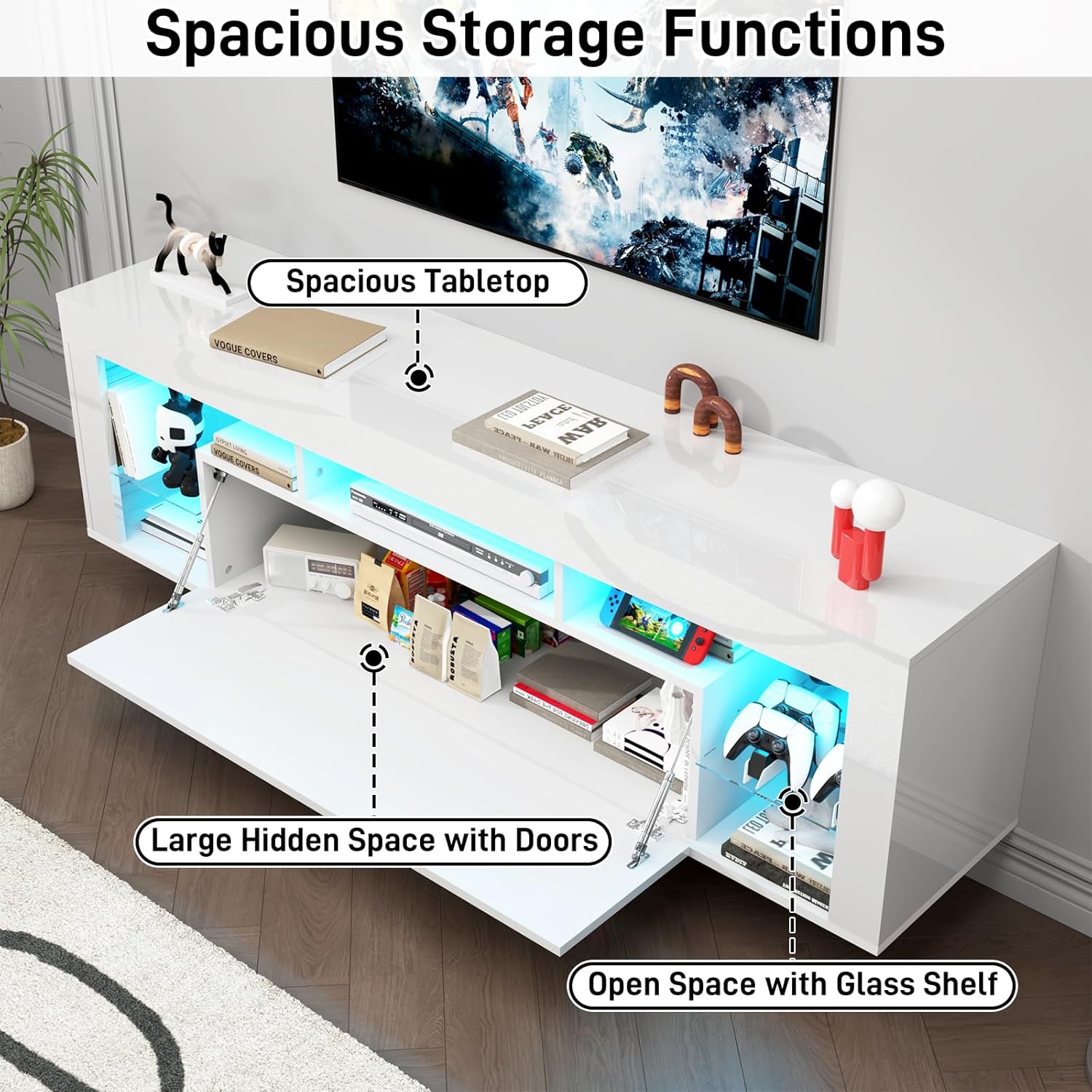 Floating TV Stand for 65/70/75/85 inch inch TV, High Gloss Led Gaming Entertainment Center with Storage and Shelf, Wall Mounted TV Console Table with Lights, White/Black Furniture Living Room Organization Home