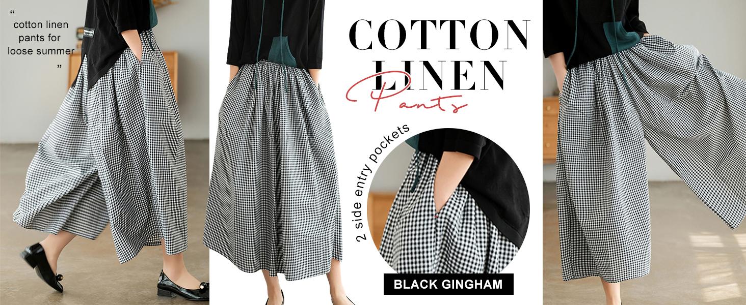 Chouyatou Women's Cotton Linen Pants Elastic Waist Plaid Gingham Wide Leg Capri Palazzo Pants SpringStatements Chouyatou Women's Cotton Linen Pants Elastic Waist Plaid Gingham Wide Leg Capri Palazzo Pants SpringStatements