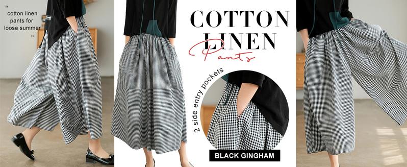 Chouyatou Women's Cotton Linen Pants Elastic Waist Plaid Gingham Wide Leg Capri Palazzo Pants