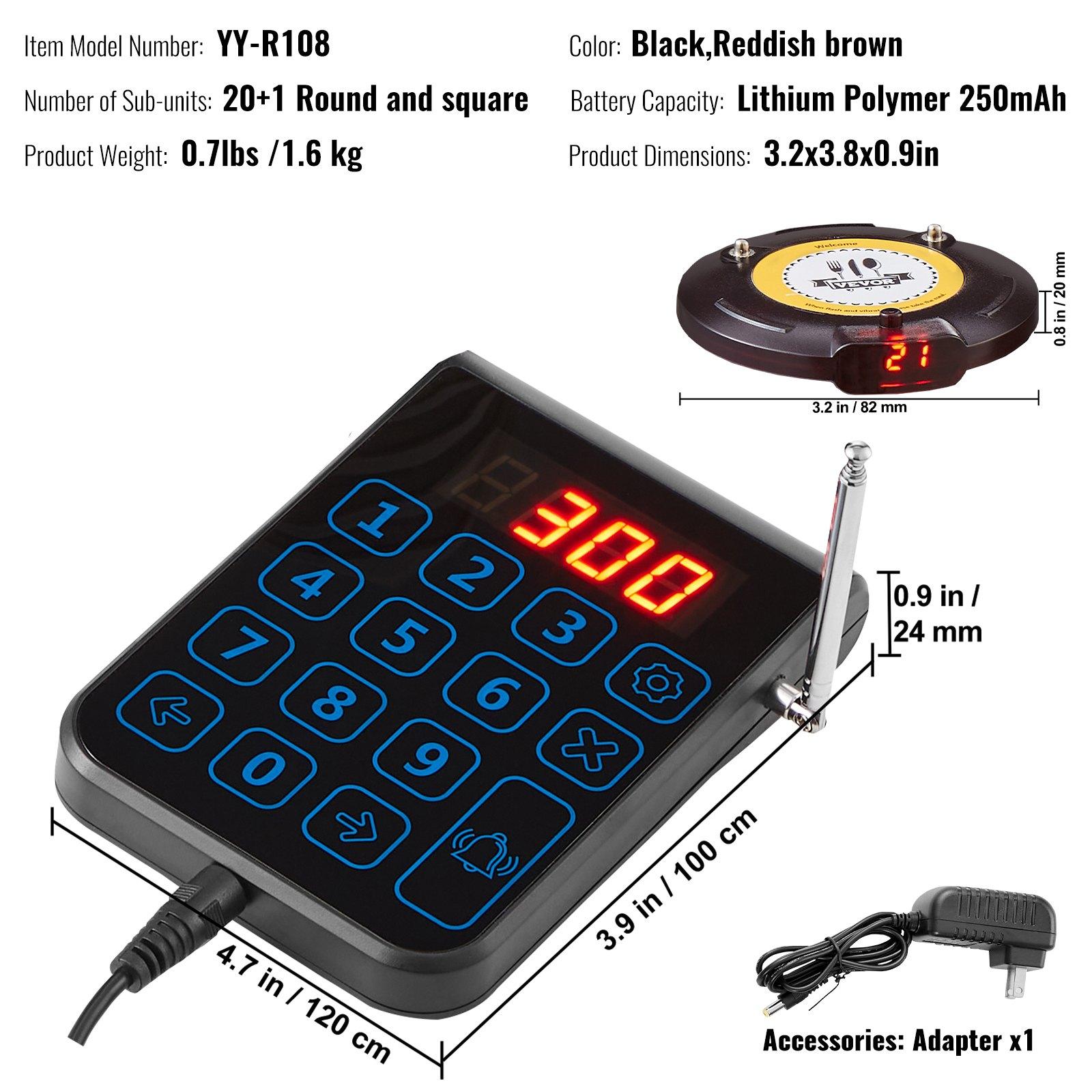 VEVOR Restaurant Pager System, Wireless 500m Long Range Lineup Waiting Queue Signal, Guest Customer Calling Beepers with Vibration & Flashing, 20 Buzzers for Food Truck, Church, Nursery, Hospital VEVOR Restaurant Pager System, Wireless 500m Long Range Lineup Waiting Queue Signal, Guest Customer Calling Beepers with Vibration & Flashing, 20 Buzzers for Food Truck, Church, Nursery, Hospital