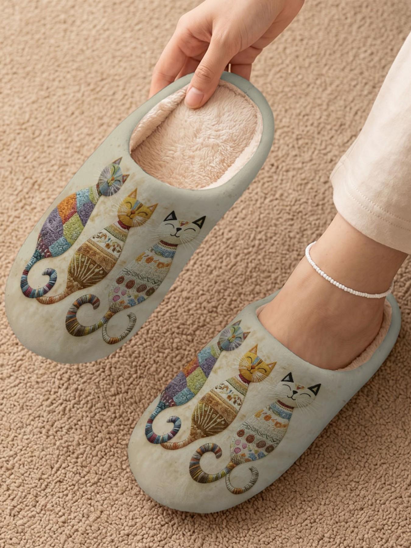 Women's Halloween Plush House Slippers, Cute Pet Prints, Fall Winter Non-Slip Warm Indoor Shoes, Casual Fabric Upper