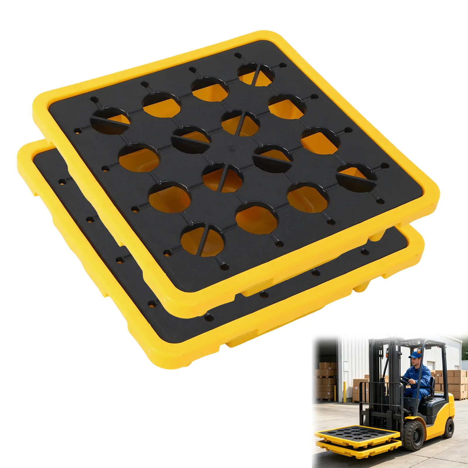 Gaomon 2Pcs Polypropylene Spill Containment Pallet with Drain, 27X27x8" inches Heavy-Duty Leakproof Tray, 5000 Lbs Capacity, 2-Way Forklift Base, Detachable (No Pallet Jack), for Industrial Drums/Pails