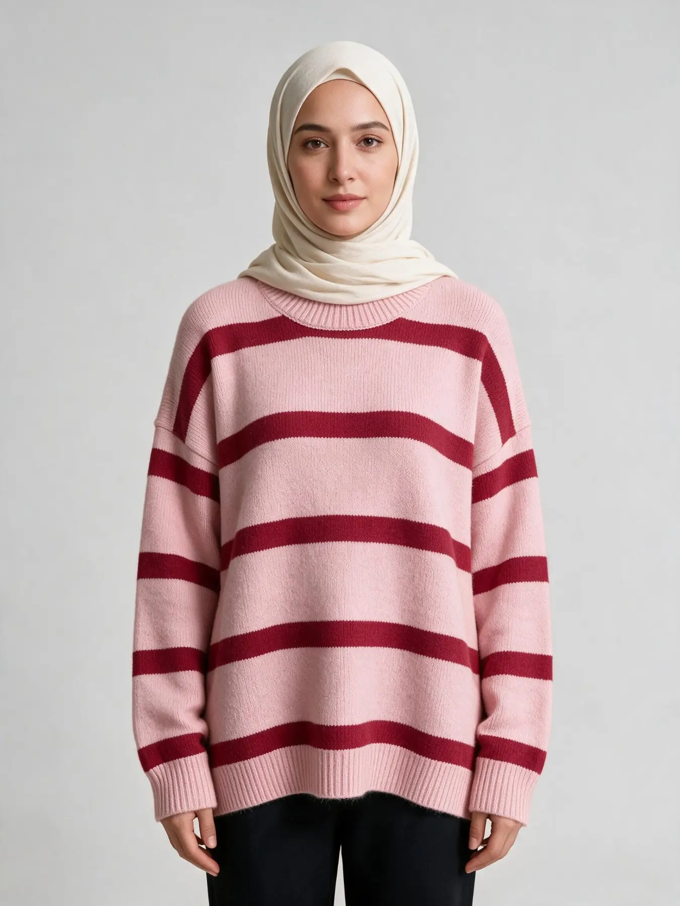 New Loose Fit Elegant Outdoor Women's Round Neck Long Sleeve Striped Knit Sweater, Soft Polar Fleece, Spring & Fall, Casual Daily Wear Knitwear