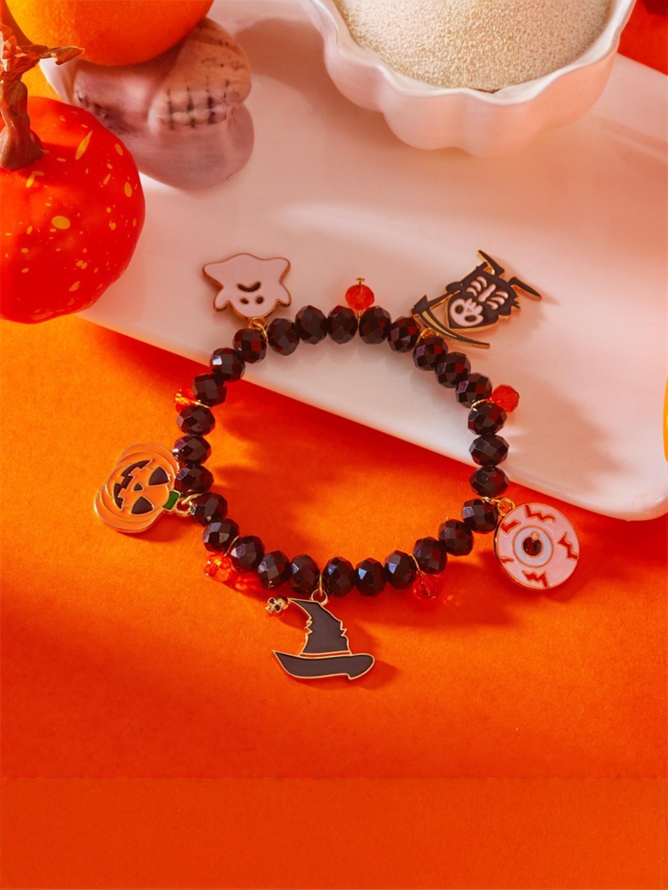 New Halloween Bracelet, European and American Style Beaded Wristband, Festival Pumpkin Ghost Pendant Bracelet, Perfect for Halloween Celebrations
