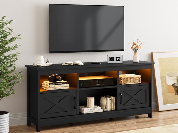 DWVO Farmhouse TV Stand for TVs Up to 65 Inch, Modern Entertainment Centre with Power Outlet, TV Shelf with Storage Cabinet, Television Stands for Living Room, Media Console, 59"