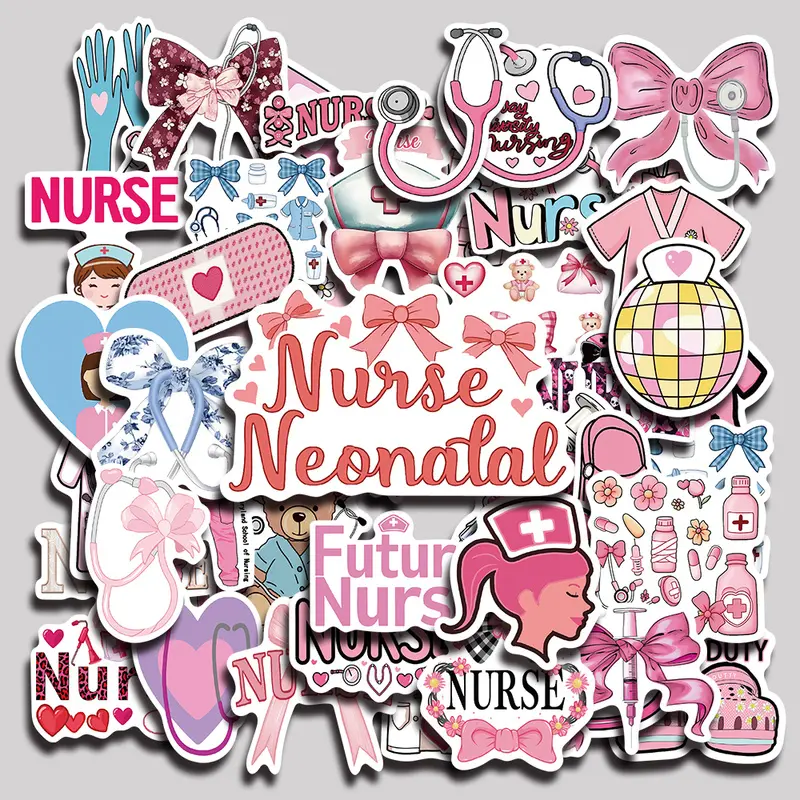 50PCS Pink Bow Nurse Aesthetic Vinyl Stickers Pack for Laptop Water Bottle Phone Case Skateboard Journal Scrapbook DIY Decoration