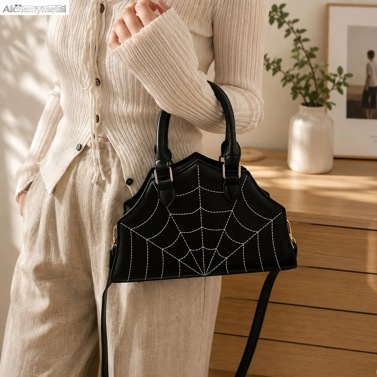 Women's PU Leather Crescent Shape Goth Saddle Crossbody Bag with Crossbody Strap, Spider Web Design, Gothic Look for Halloween Spooky Parties & Daily Commute (Sports & Outdoor Gym Accessory)