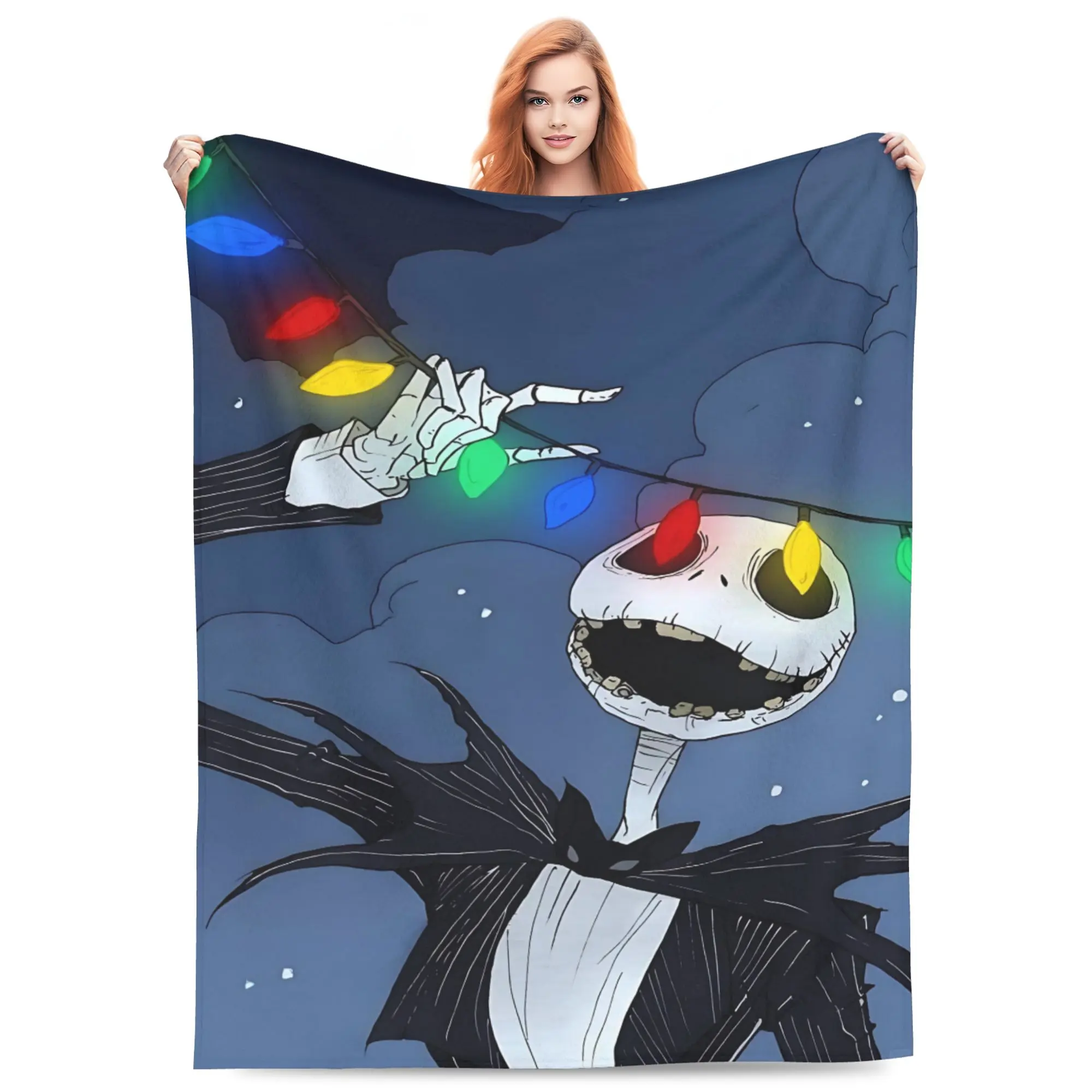 Disney Classic The Nightmare Before Christmas Jack Skellington Flannel Throw Blanket, Colorful Christmas String Lights Dark Blue Snowy Night Print Soft Cozy Blanket for Sofa Bed Holiday Fans Gift