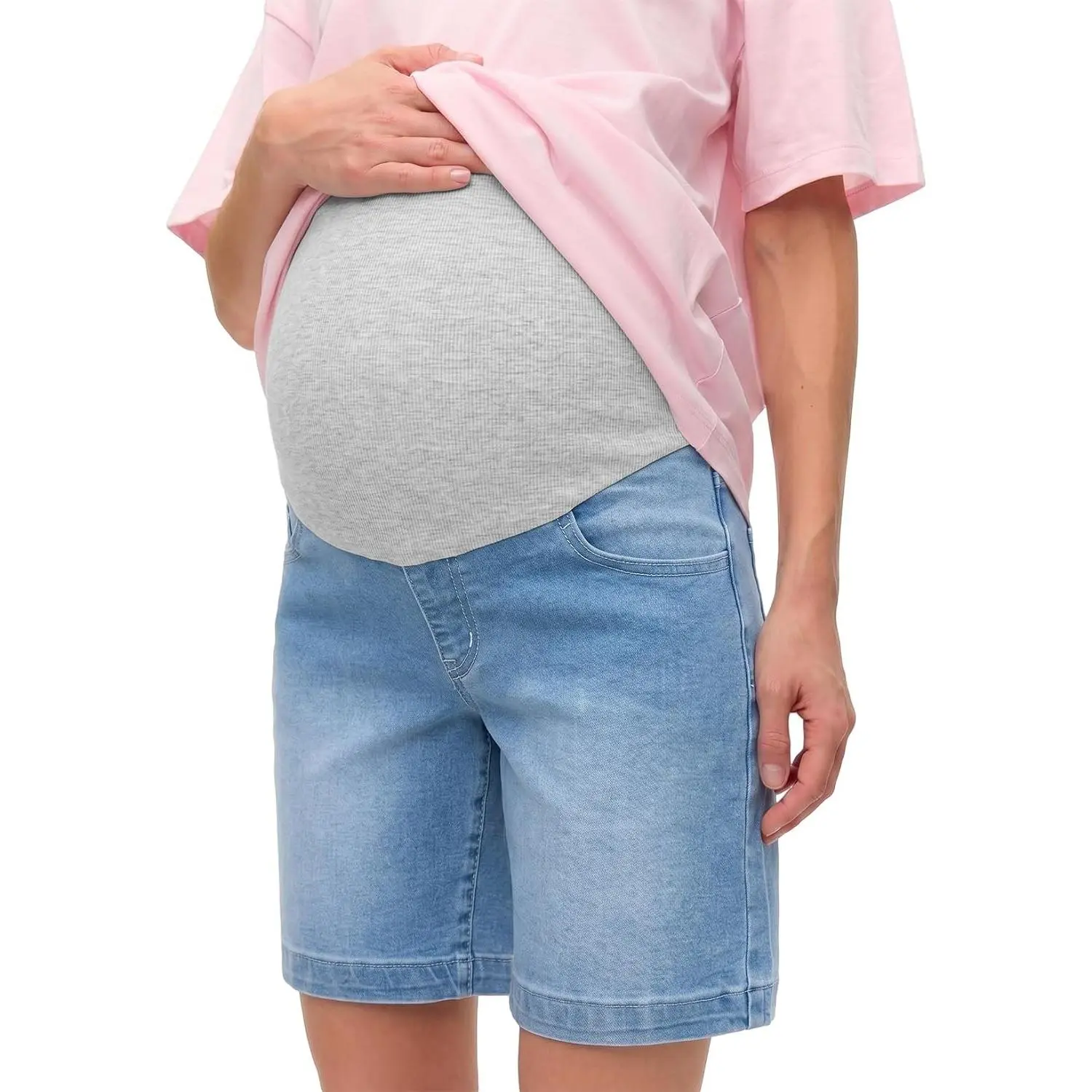 Maternity Over-Belly Denim Shorts - Stretch Fit Denim Fabric, Belly Support Elastic Waistband, Pocket Detail, Summer Comfy Lounge Walking Bottoms