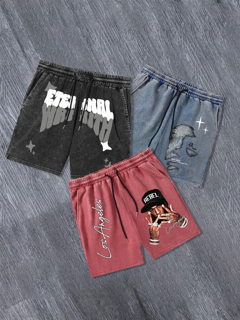 Men's Solid Color / Letter Graphic Print Denim-effect Print Drawstring Waist Shorts,, Regular Fit Casual Street Comfy Breathable Shorts for Daily Wear, Men's Bottoms for Summer