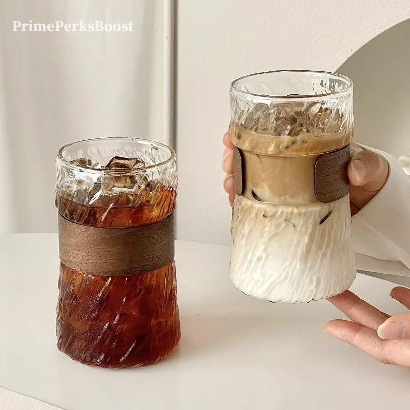 Aesthetic Glacier Textured Borosilicate Glass Tumbler with Wooden Sleeve, Thickened Heat Insulated Coffee Cup, Food Grade BPA Free, Easy Clean, Dishwasher Safe for Iced Coffee Whiskey,Home Office Bar Daily Use, Housewarming Birthday Gift for Coffee Lovers