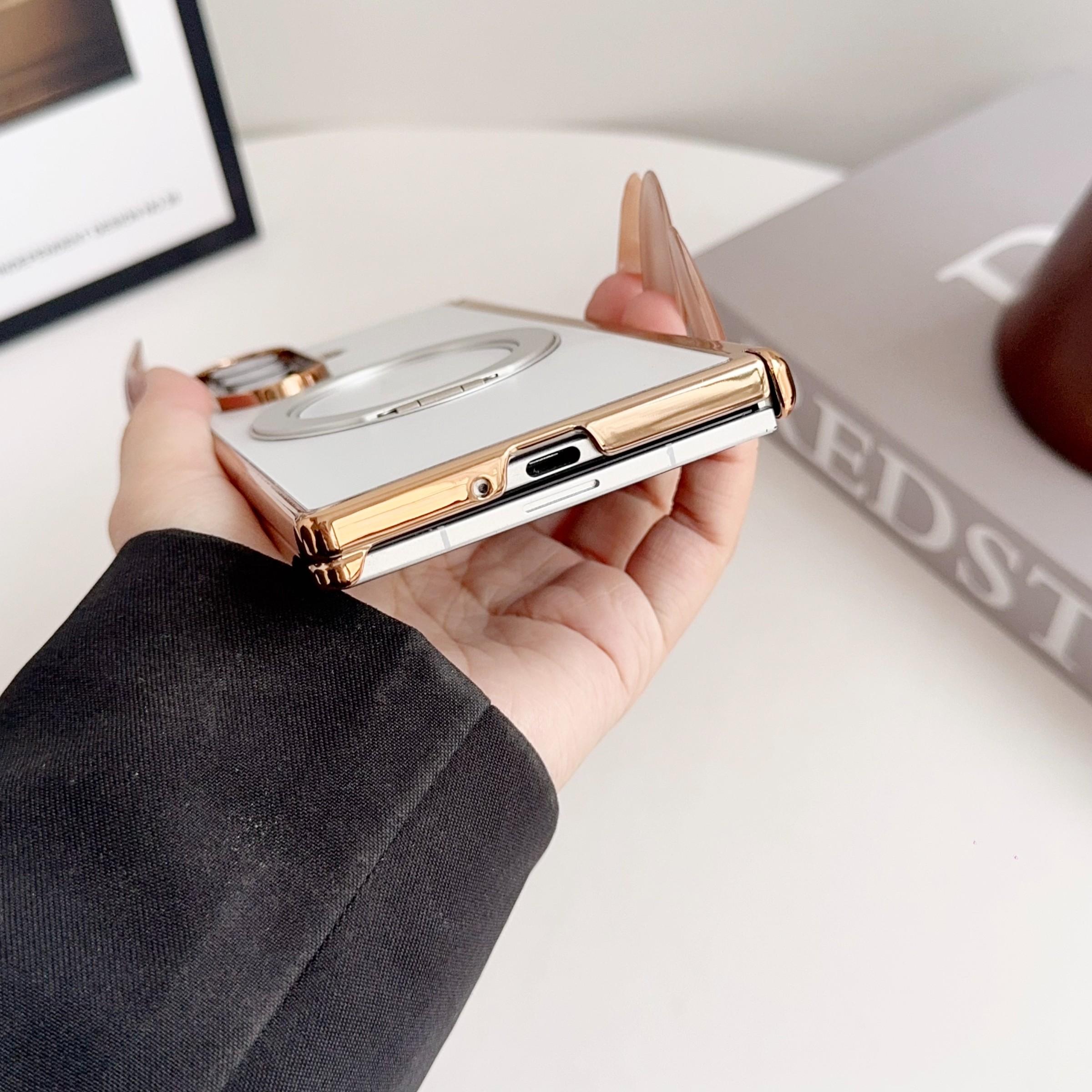 High-End Ag Frosted Electroplated Dual Axis Phone Case for Samsung Galaxy Z Fold7/6/5/4, 360° Rotating Stand, Wireless Charging Support