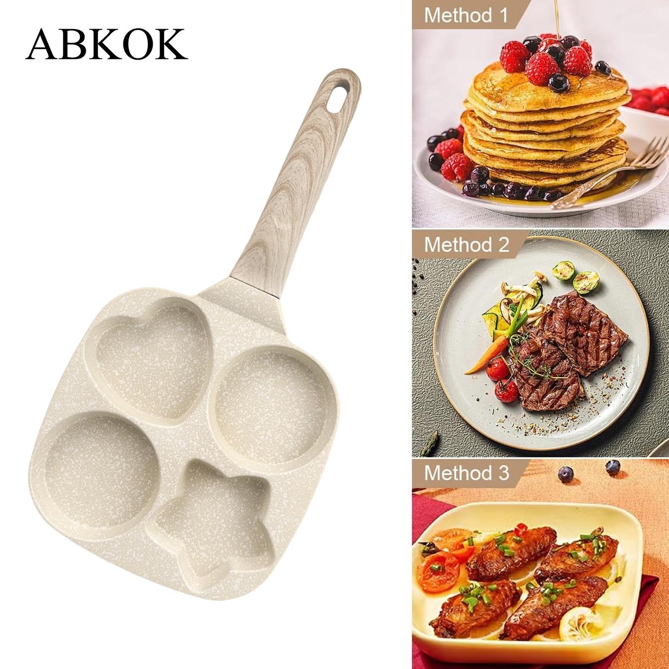 Abkok Four-Hole Non-Stick Egg Skillet Pan, Nonstick Egg Pan, Non Stick Cookware, 8–9-Inch Diameter, Ideal for Breakfast Eggs and Burgers, Durable Wooden Material Base with No-Handle Design
