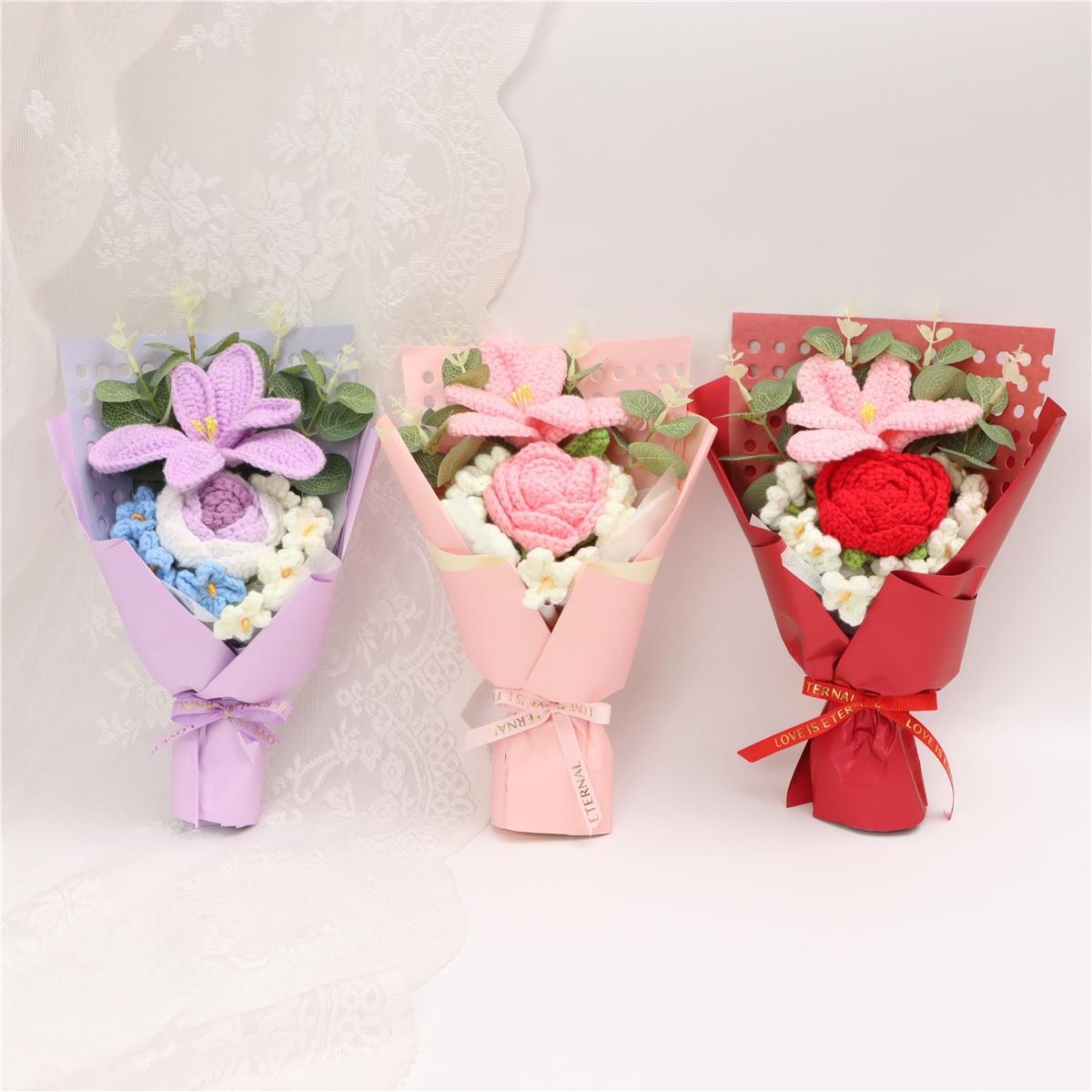 Realistic Tulip Rose Bouquet, Handmade Knitted Flower Arrangement, Crochet Artificial Flowers, Wedding Decoration, Christmas Valentine's Day Gift, Party Present