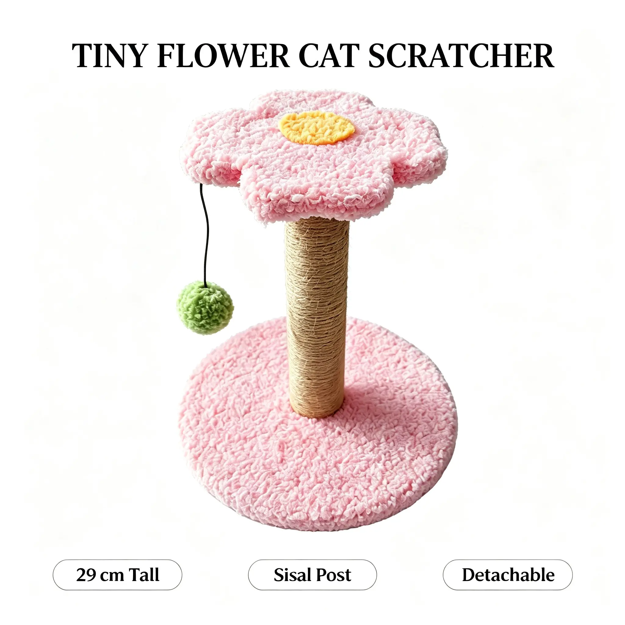 Flower Jute Cat Scratching Post, Kitten Scratching Post, Small Cat Climbing Frame with Hanging Plush Toy, Soft Plush Platform + Stable Round Base, Indoor Pet Furniture