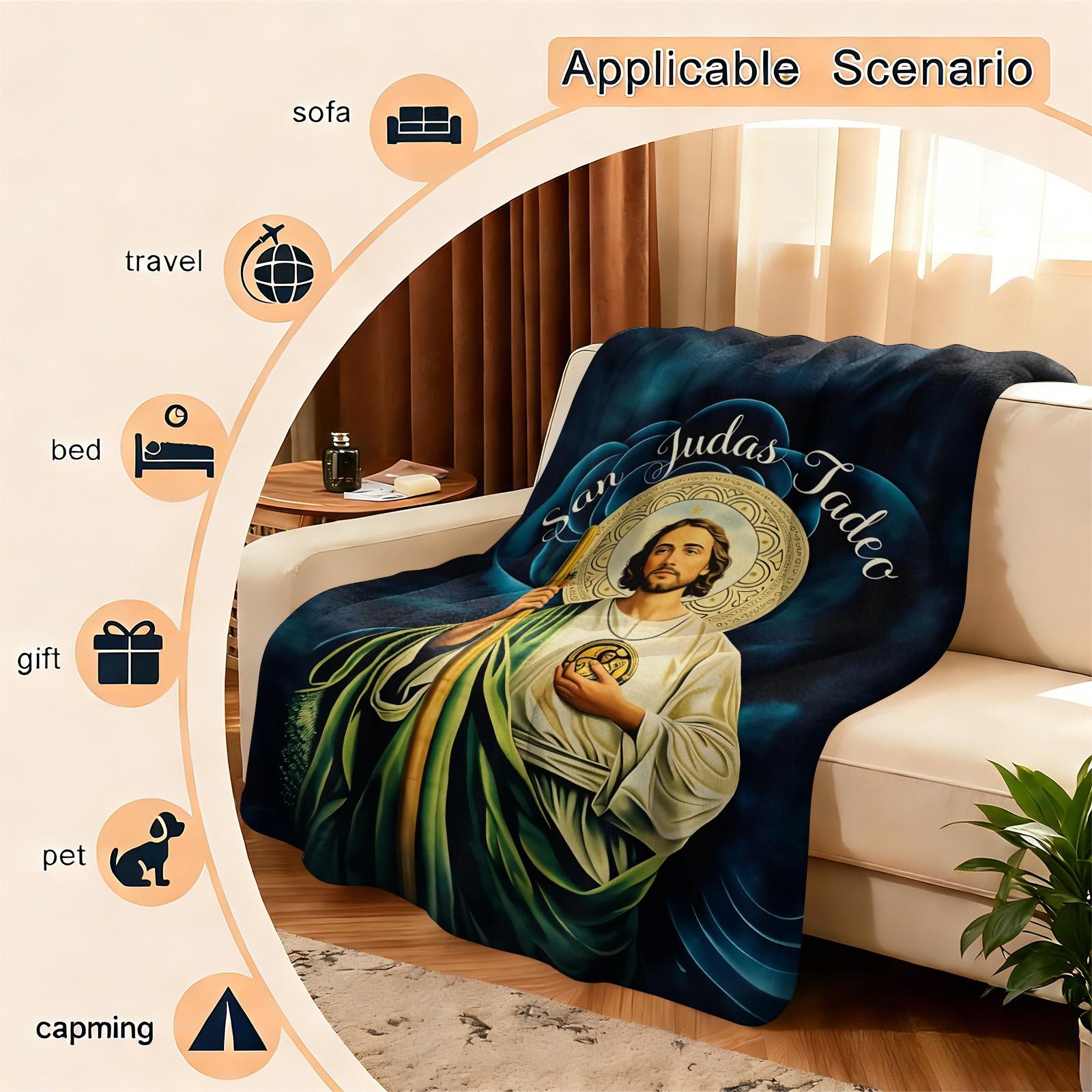 San Judas Tadeo Print Flannel Throw Blanket, Soft Warm Cozy Fleece Blanket for Couch Bed Sofa, Religious Saint Jude Decorative Blanket, All Season Plush Blanket, Perfect Gift Blanket for Home, Travel, Nap, All Ages
