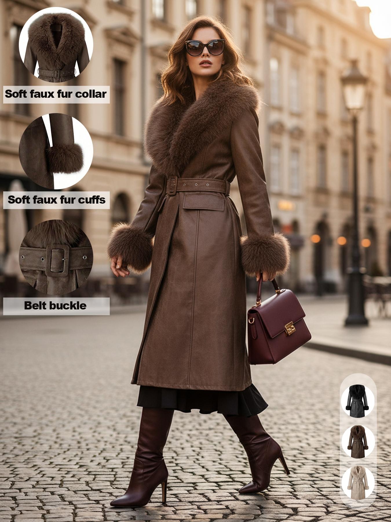 Women's Fall Winter Long Windproof Waterproof Jacket Coat, Comfortable Soft Faux Fur Collar, Thick PU Leather, Slim Fit with Belted Design Outerwear