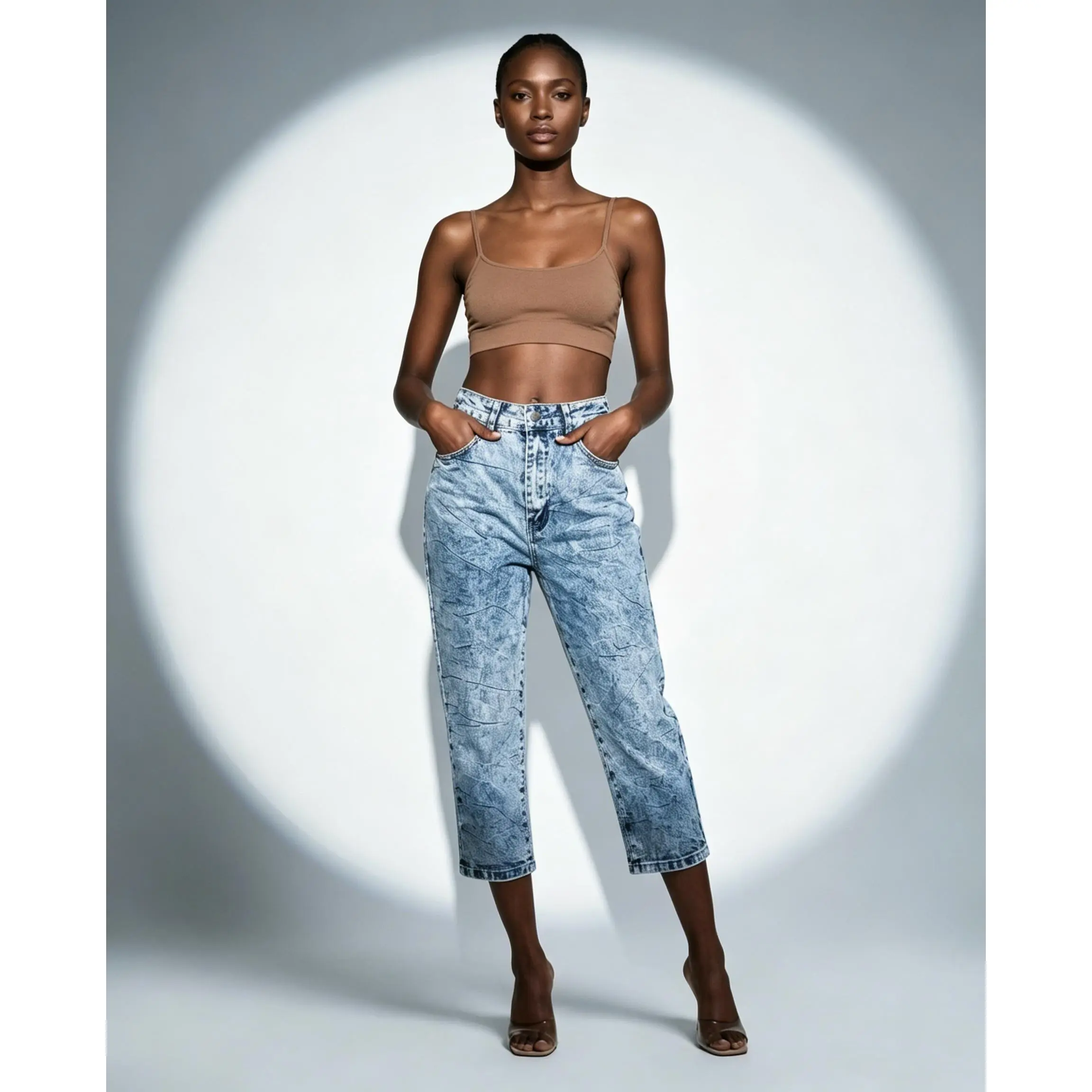 Women’s High-Waisted Acid Wash Cropped Jeans, Relaxed Straight-Leg Ankle Denim Pants with Pockets, Casual Vintage Everyday Jeans Bottoms Womenswear
