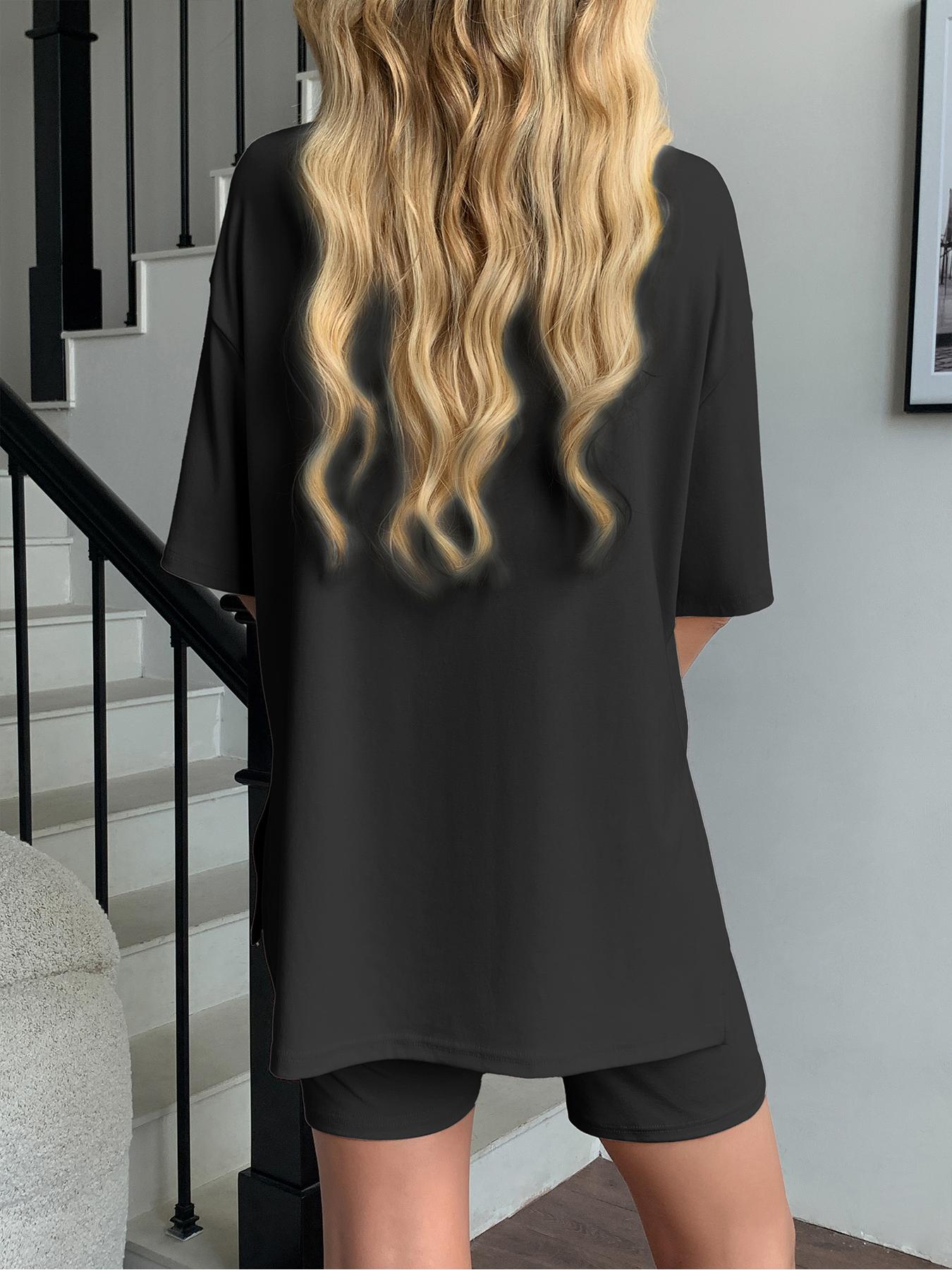 Women's Solid Color Tee & Skinny Elastic Shorts Loungewear Set, Comfortable Round Neck T-Shirt & Shorts, Perfect for Summer Sleepwear