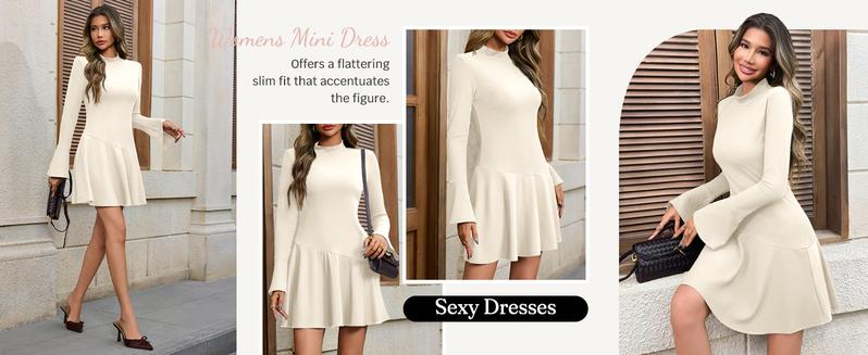 Wenrine Women's Long Bell Sleeve Mini Dress Casual Mock Neck Ruffle Hem Slim Fit Fall Knit Dresses