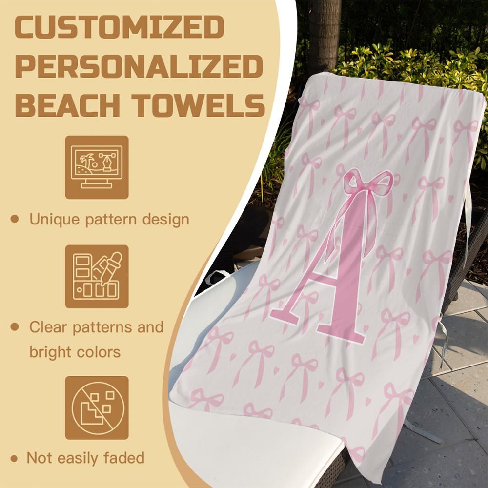 Pink Romantic Ballet Bow Alphabet Sand-Free Beach Towel, for Beach, SPA, Hot Spring, Picnic, Camping, Fitness & Yoga, Water Absorbent, Quick-Dry & Portable, Ideal Housewarming Birthday Christmas Gift