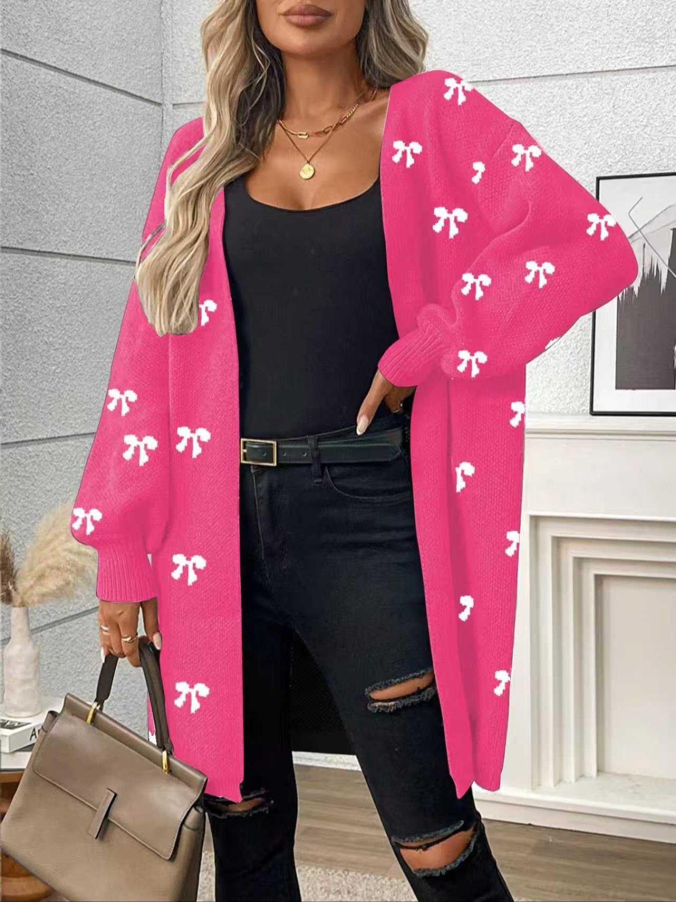 Women's Plus Size Loose Fit Cute Bowknot Casual Cardigan, Perfect for Autumn & Winter