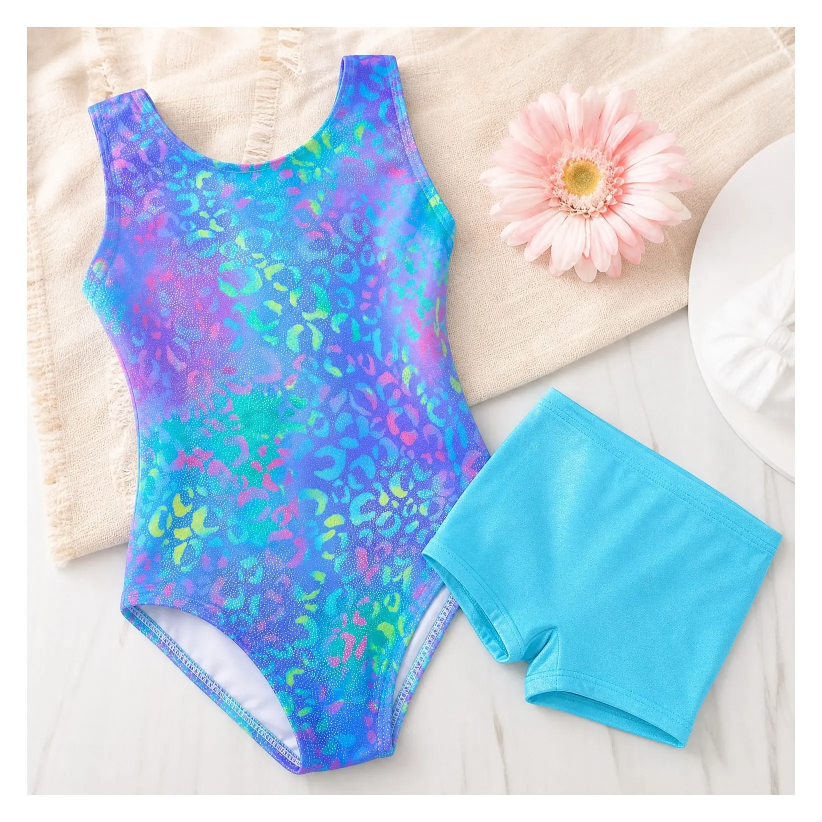 Girls Sparkly Sleeveless Gymnastics Leotard with Shorts 3-Piece Set Stretchy Breathable Tumbling Biketard with Hair ScrunchieGift