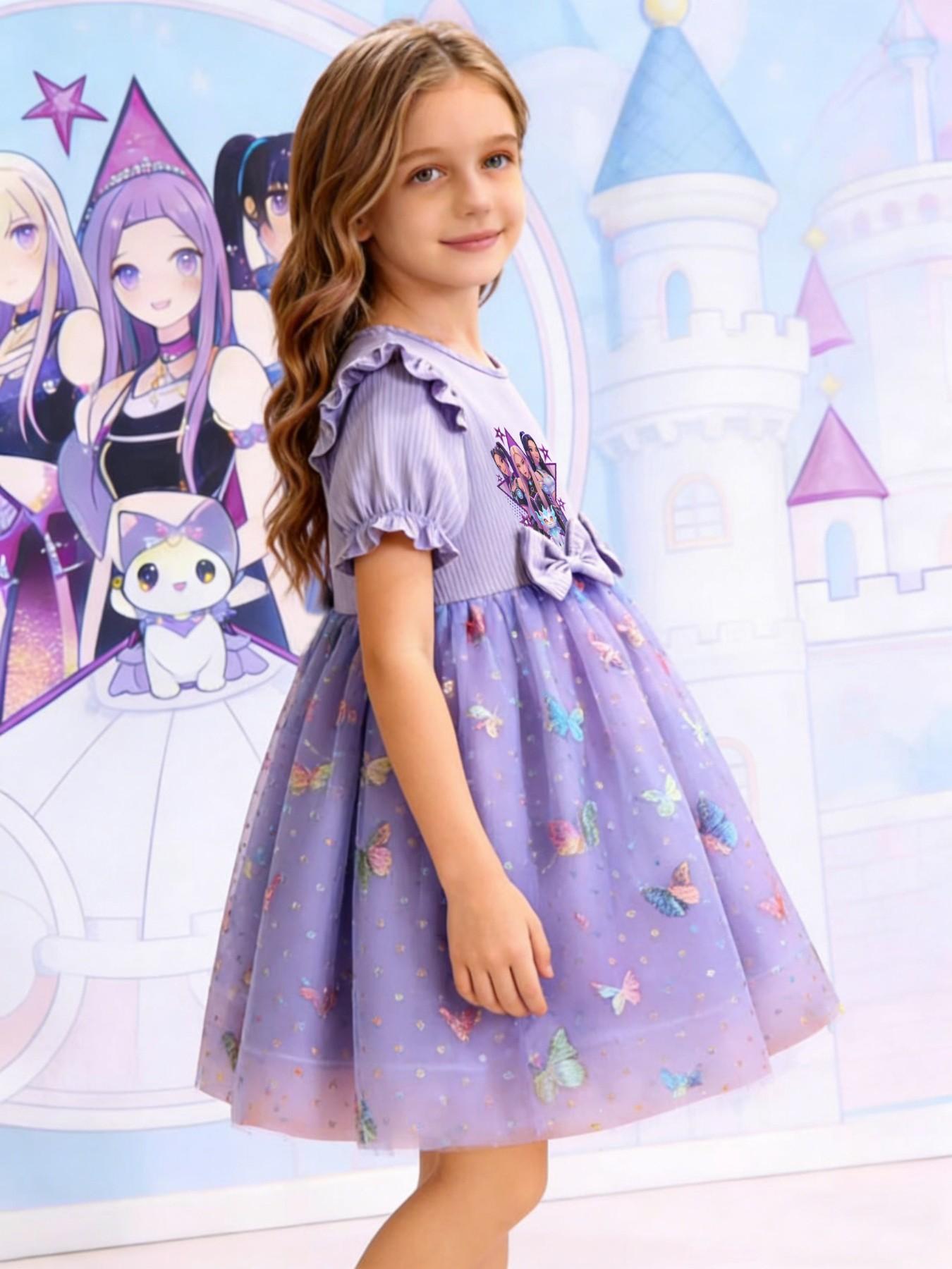Princess Party Dance Dress, Butterfly Mesh Skirt, Dreamy Elegant Design, K-Pop Girl Group Print, Perfect for Camping Travel Parties