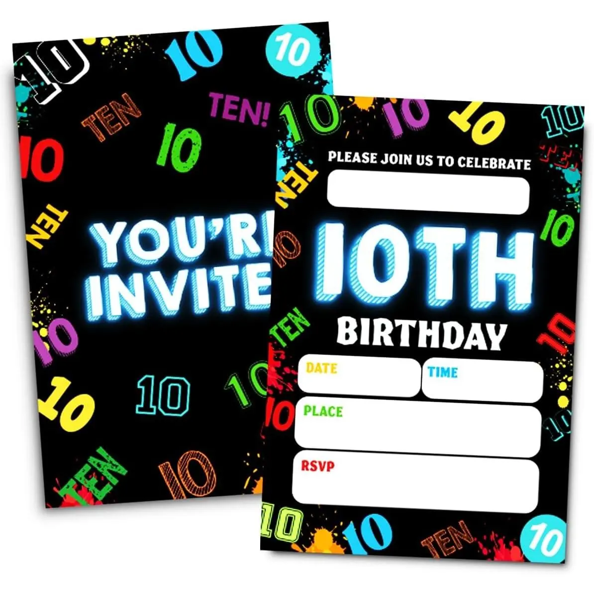 10th Birthday Party Invitations Neon Ten Year Old Invitations Card for Boys Girls 30 Cards & 30 Envelopes