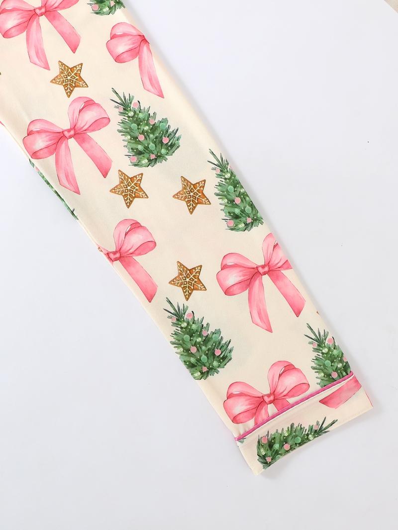 3-Piece Women's Autumn Winter Pajama Set, Long Sleeve Button-Up with Christmas Tree Print, Includes Long Pants & Shorts, Comfortable for All Seasons