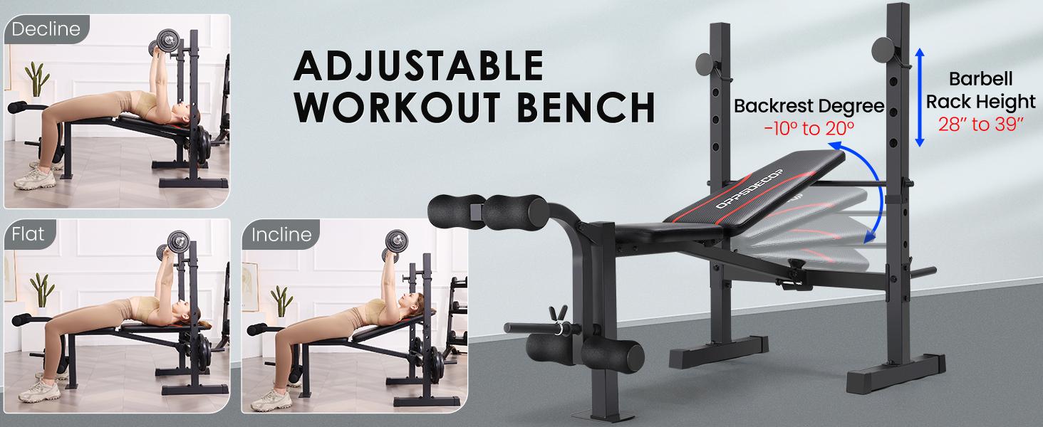 OPPSDECOR 600-900bls Adjustable Bench Press Weight Training Bench Set with Squat Rack and Leg Extension, Total Body Workout Folding Exercise Bench for Home Gym