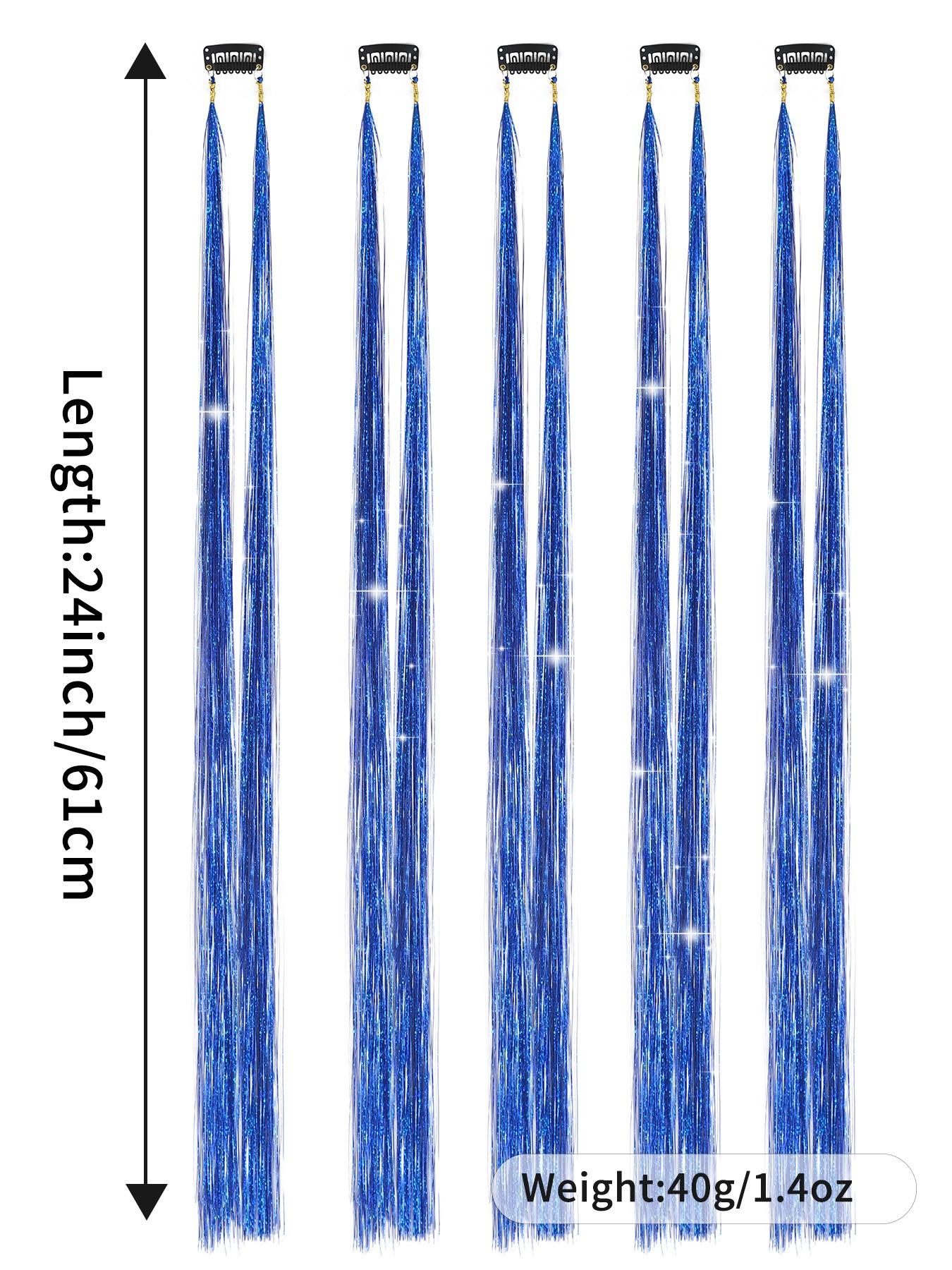 5pcs 24-Inch Royal Blue Flashy Clip-In Synthetic Hair Extensions, Bright Laser Fiber Design, Rainbow Color, Easy Wear, Perfect for Parties and Music Festivals