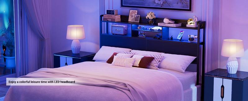 Homieasy Headboard for King Size Bed with Storage Shelf, Head board with 3 Outlets and 2 USB Ports, Headboards with RGB LED Light, Height Adjustable, Sturdy and Stable, Easy Assembly